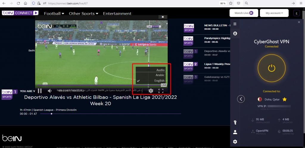 watch bein sports in uk - paid beIN channel working VPN - English audio