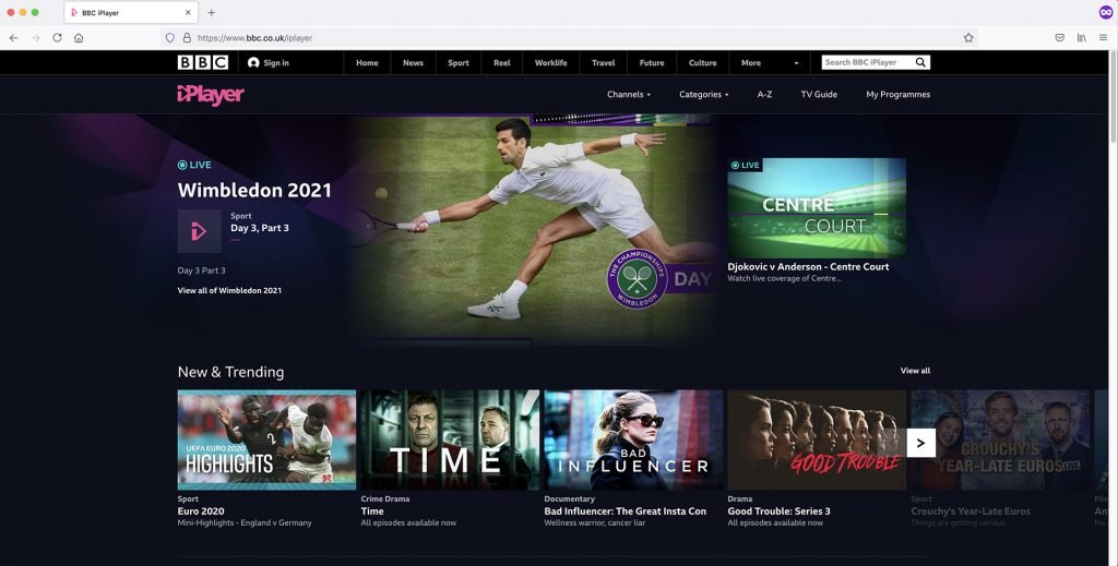 BBC iPlayer home page with vpn