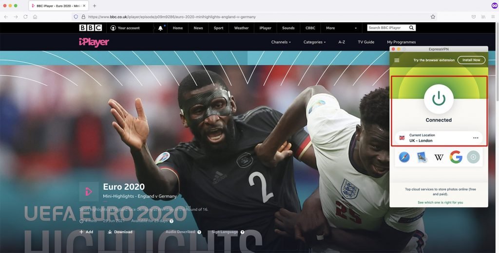 BBC Sports page - Euro 2020 abroad with VPN