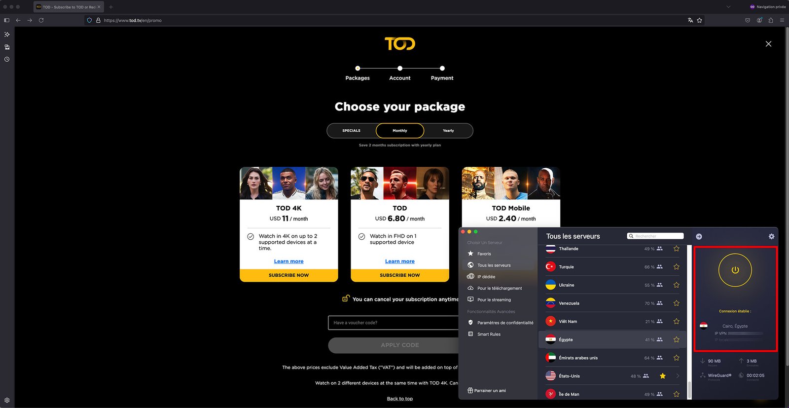 Cheapest country for TOD TV Subscription - Egypt with CyberGhost VPN