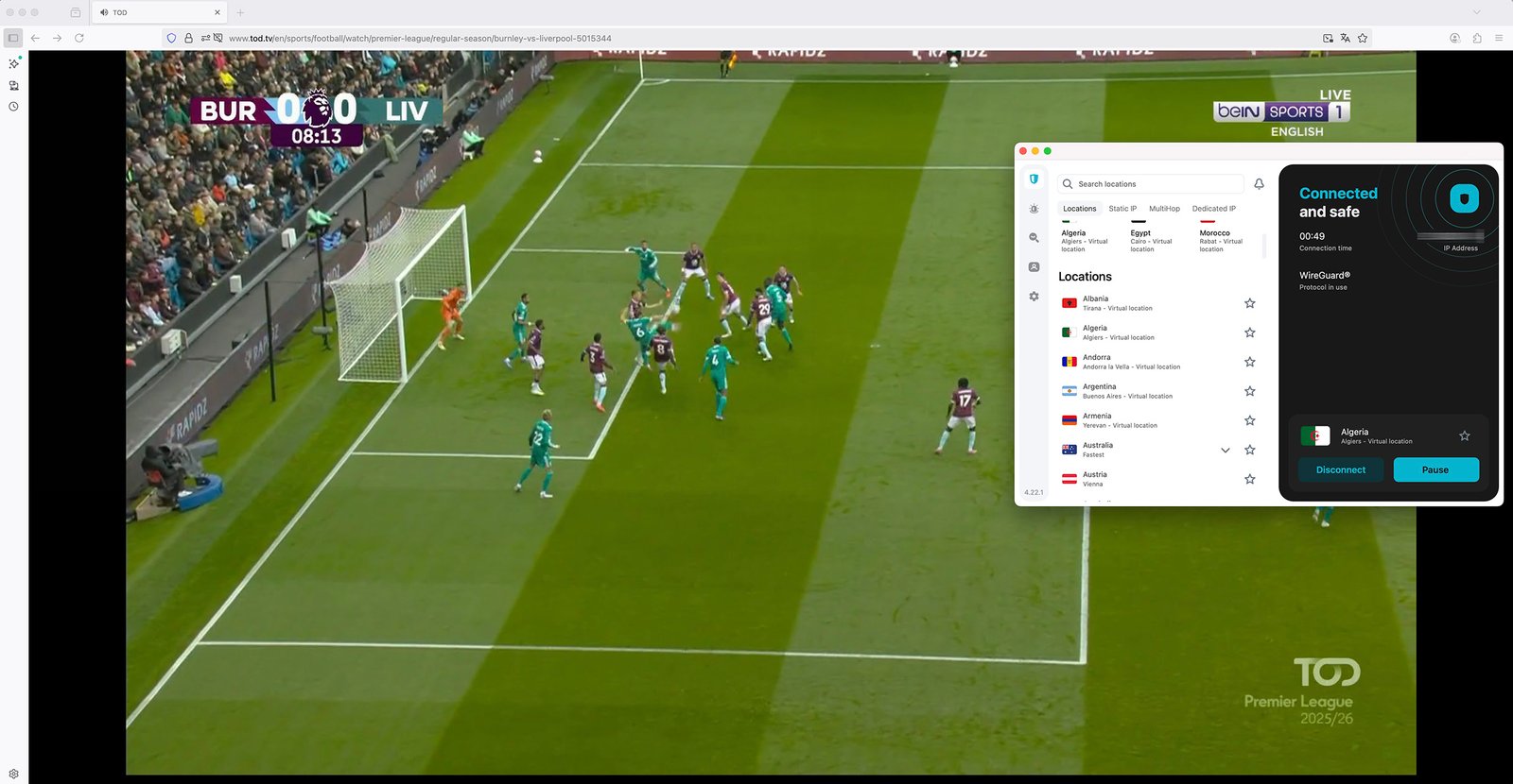 Watch TOD TV abroad - Streaming Live beIn Sports 1 English with Surfshark VPN - Algeria