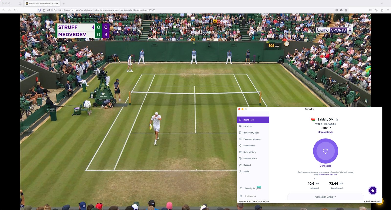 Watch TOD TV abroad - Streaming Live Wimbledon on Bein Sports 9 with PureVPN