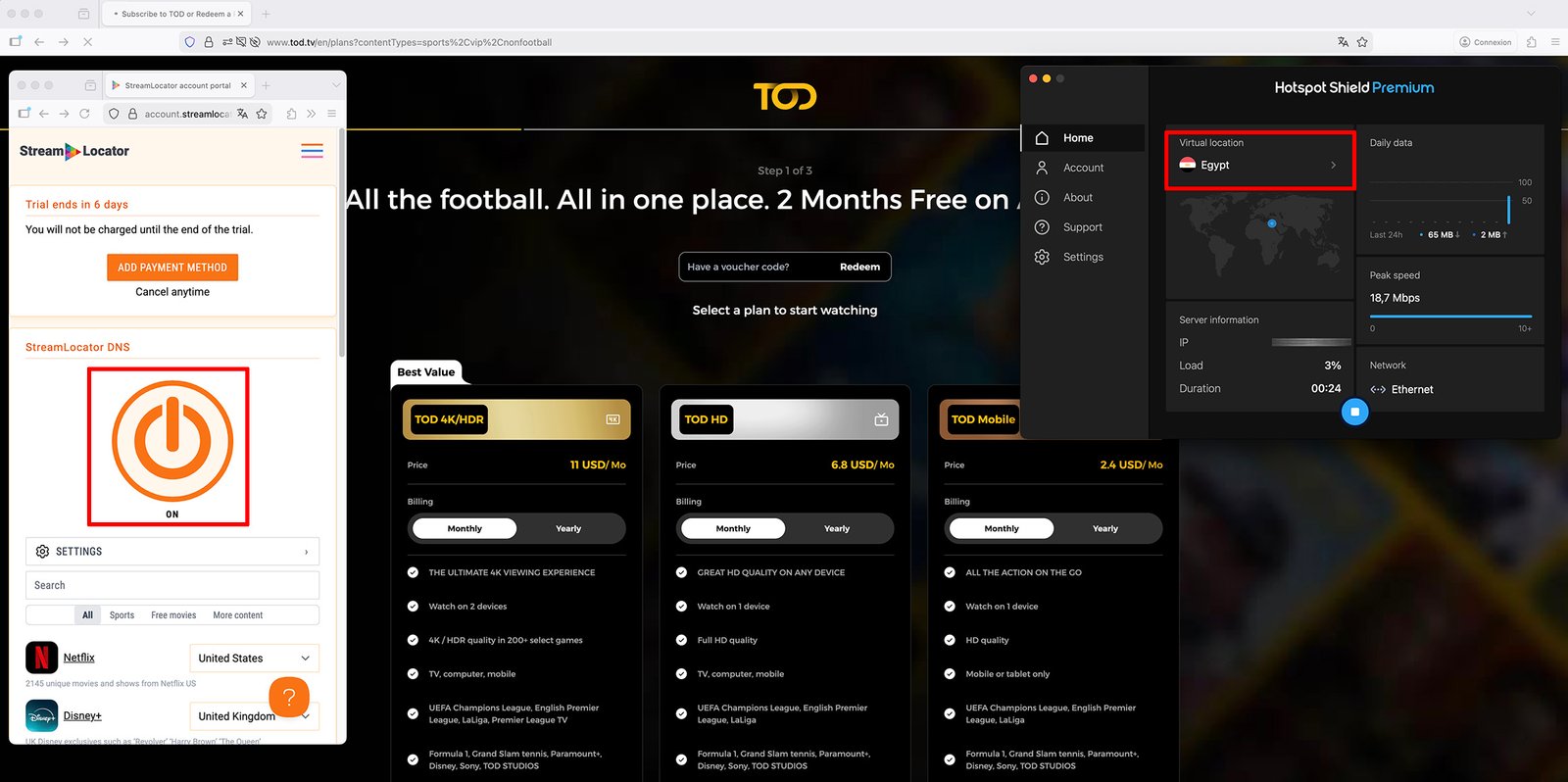 Watch TOD TV abroad - subscribe to TOD TV with cheapest price with HotspotShield and StreamLocator-Egypt