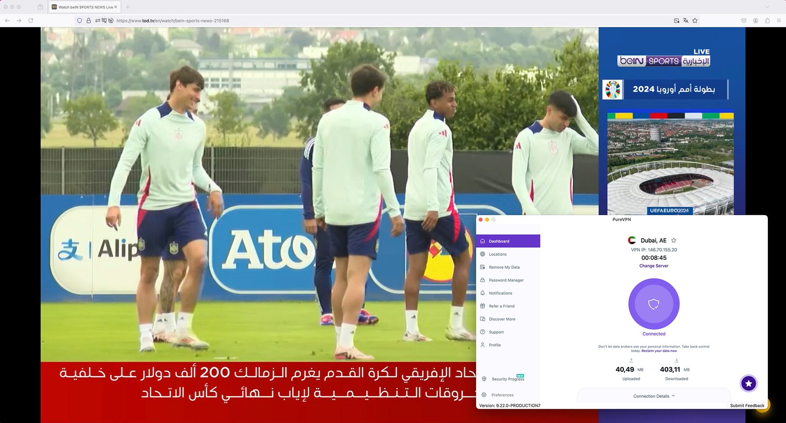 Watch TOD TV abroad - Streaming Live Euro 2024 on Bein Sports News with PureVPN