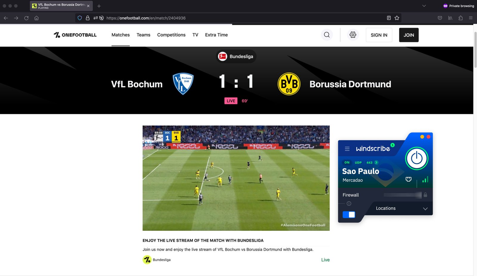 Watch Bundesliga free on onefootball in Germany live-player unblocked outside brazil WIndscribe VPN