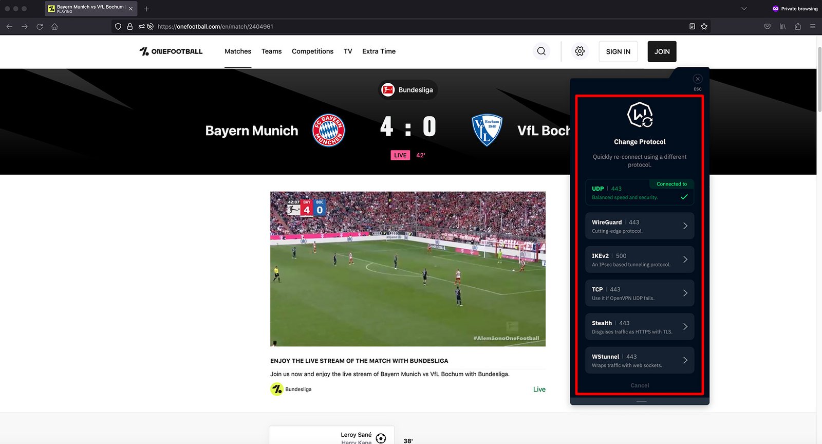 Watch Bundesliga free on onefootball in Germany live-player unblocked outside brazil WIndscribe VPN Protocols