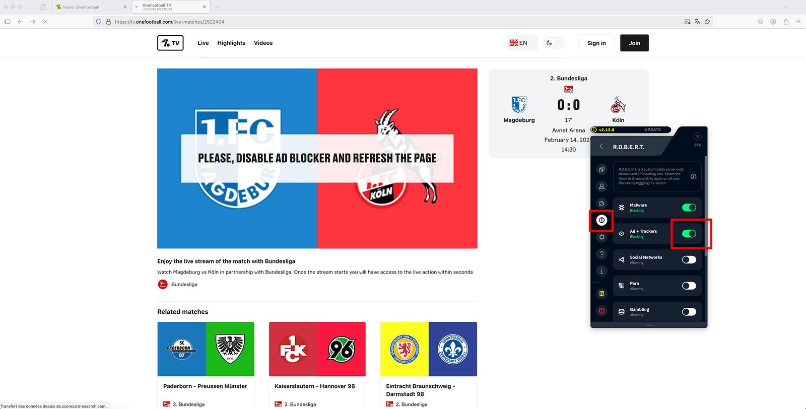 Watch Bundesliga free on onefootball in Germany-Turn off AD Block WIndscribe VPN