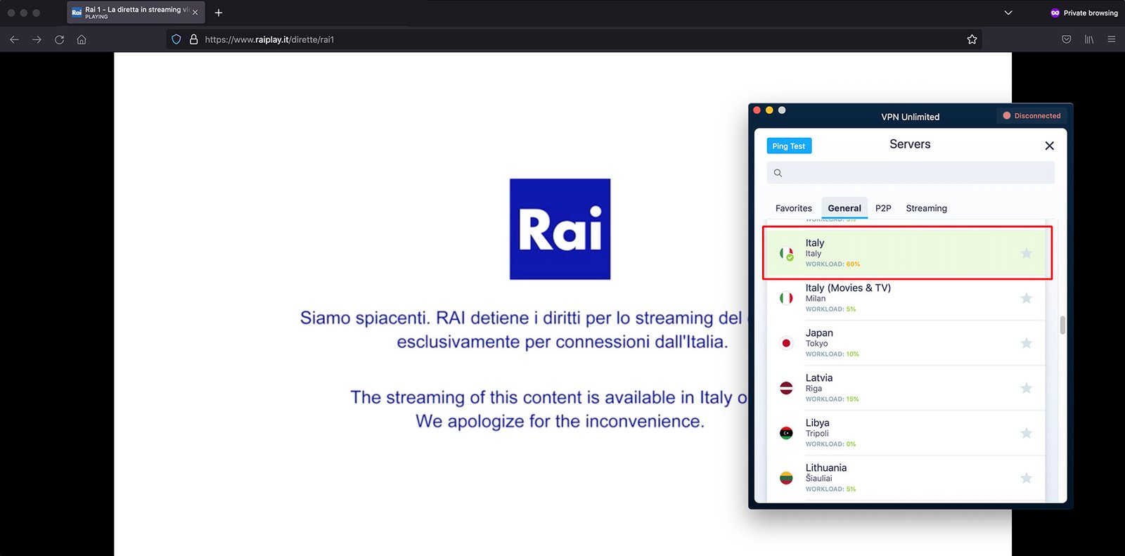 RaiPlay abroad - Geoblocking error - content available only in italy - working with VPN Unlimited