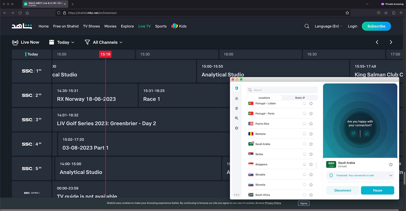 Watch Shahid content and live ssc sports channels abroad outside saudi using Surfshark VPN